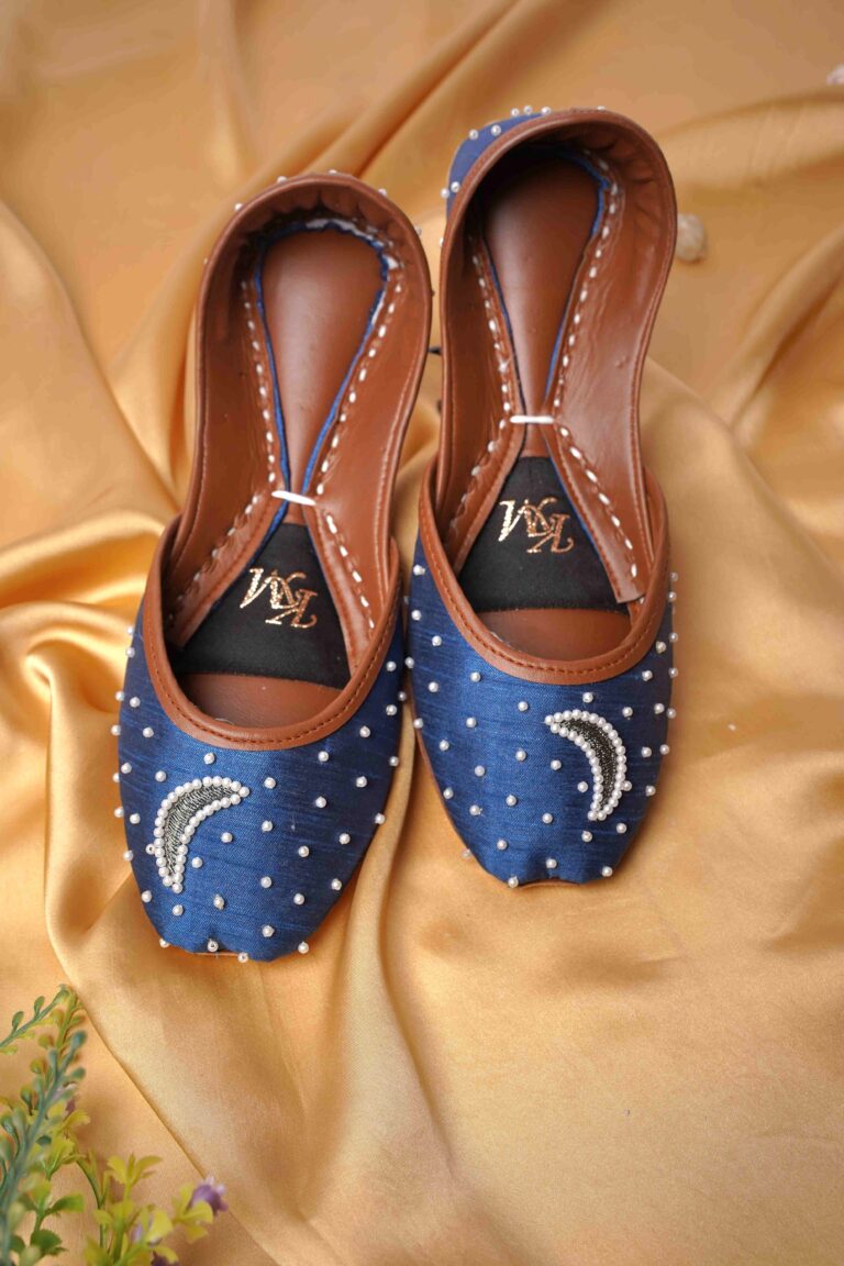 Midnight Elegance – Handmade Blue Khussa with Pearl Accents - Image 2