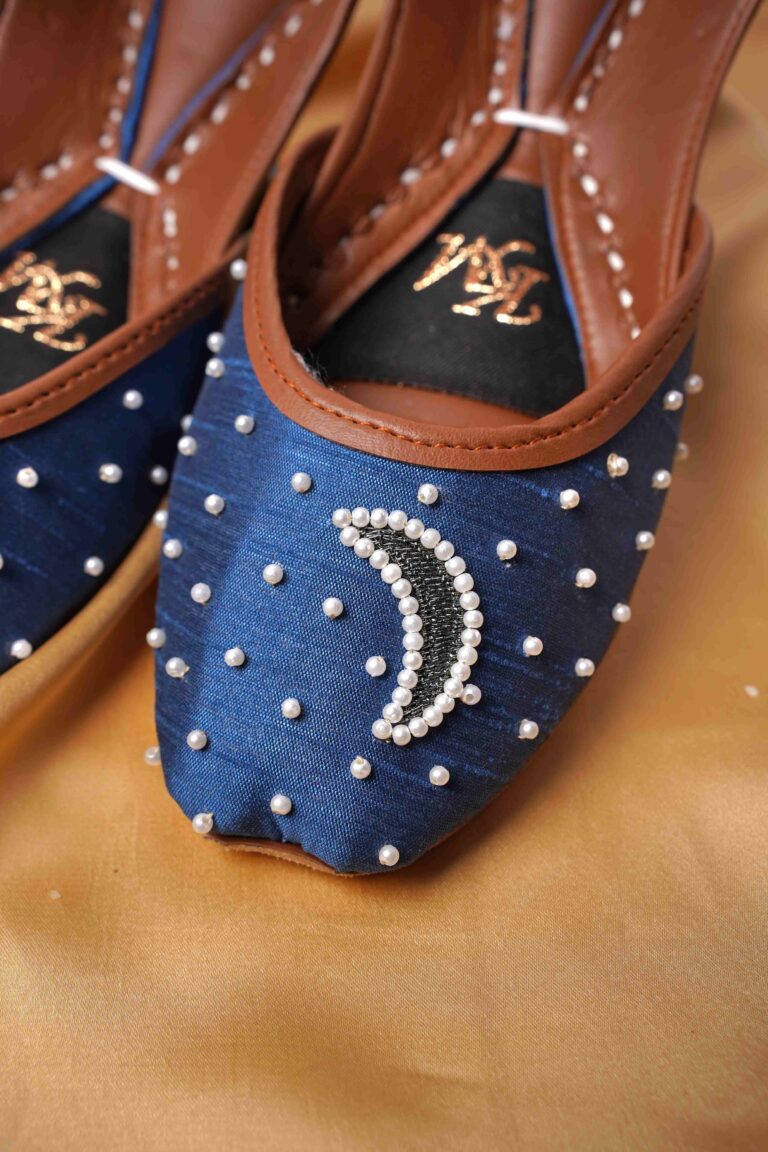 Midnight Elegance – Handmade Blue Khussa with Pearl Accents